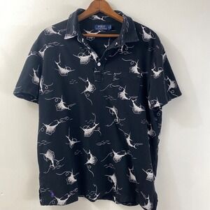 Polo Ralph Lauren L Men's Fishing Marlin Print Polo Shirt Black White Pocket